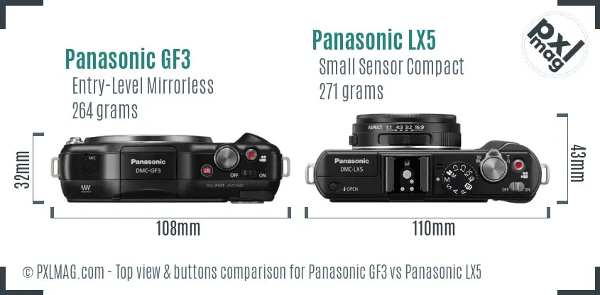 Panasonic GF3 vs Panasonic LX5 top view buttons comparison