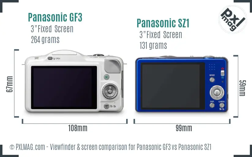 Panasonic GF3 vs Panasonic SZ1 Screen and Viewfinder comparison