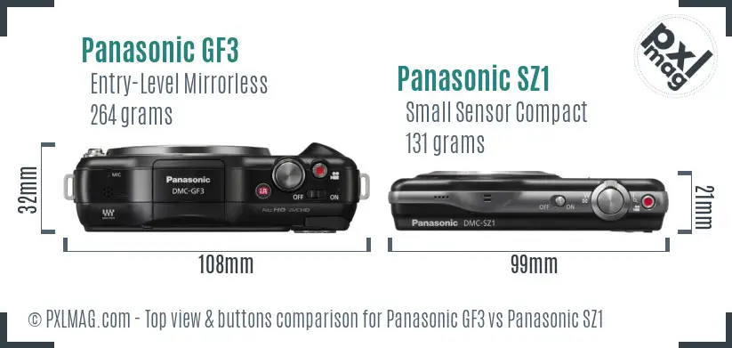 Panasonic GF3 vs Panasonic SZ1 top view buttons comparison