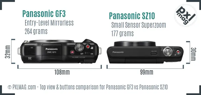 Panasonic GF3 vs Panasonic SZ10 top view buttons comparison