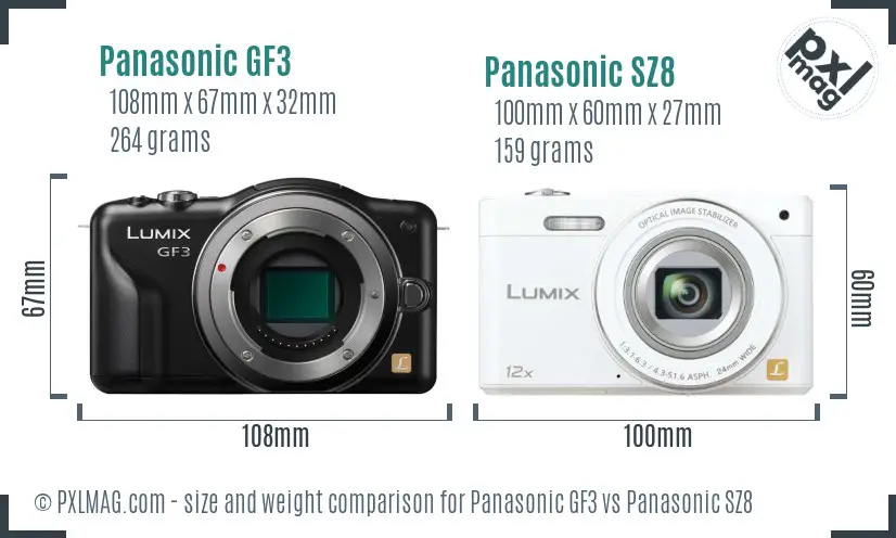 Panasonic GF3 vs Panasonic SZ8 size comparison