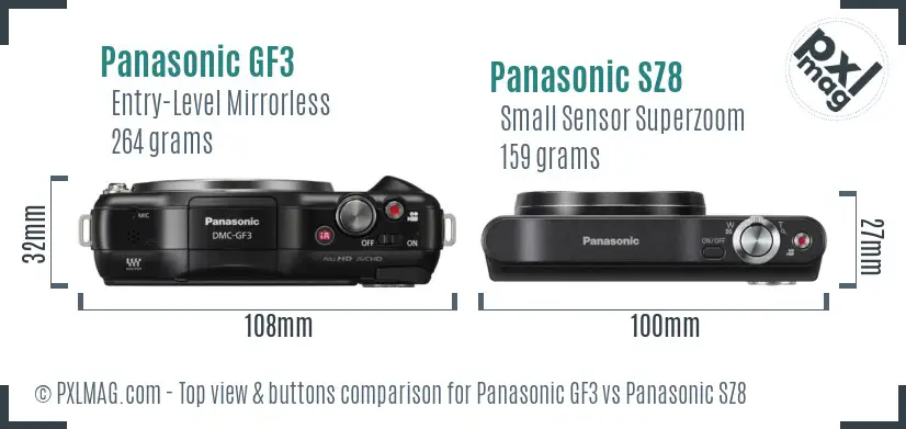 Panasonic GF3 vs Panasonic SZ8 top view buttons comparison