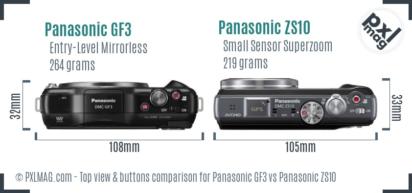 Panasonic GF3 vs Panasonic ZS10 top view buttons comparison
