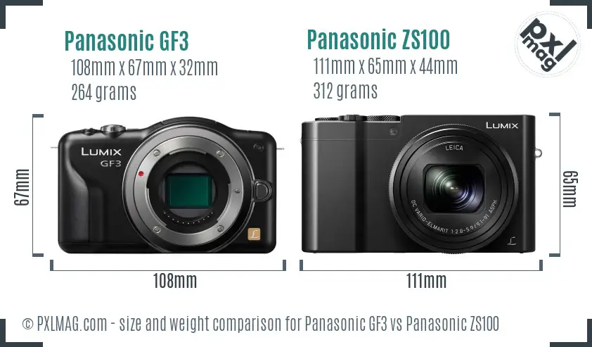 Panasonic GF3 vs Panasonic ZS100 size comparison