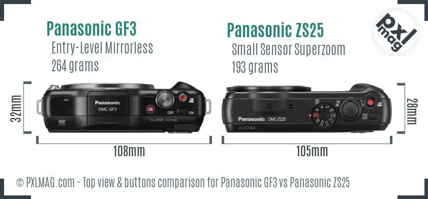 Panasonic GF3 vs Panasonic ZS25 top view buttons comparison