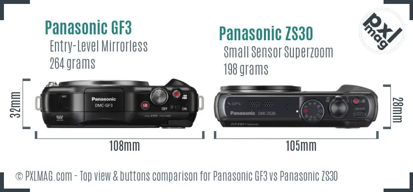 Panasonic GF3 vs Panasonic ZS30 top view buttons comparison