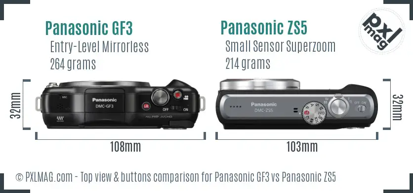 Panasonic GF3 vs Panasonic ZS5 top view buttons comparison