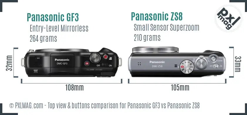 Panasonic GF3 vs Panasonic ZS8 top view buttons comparison