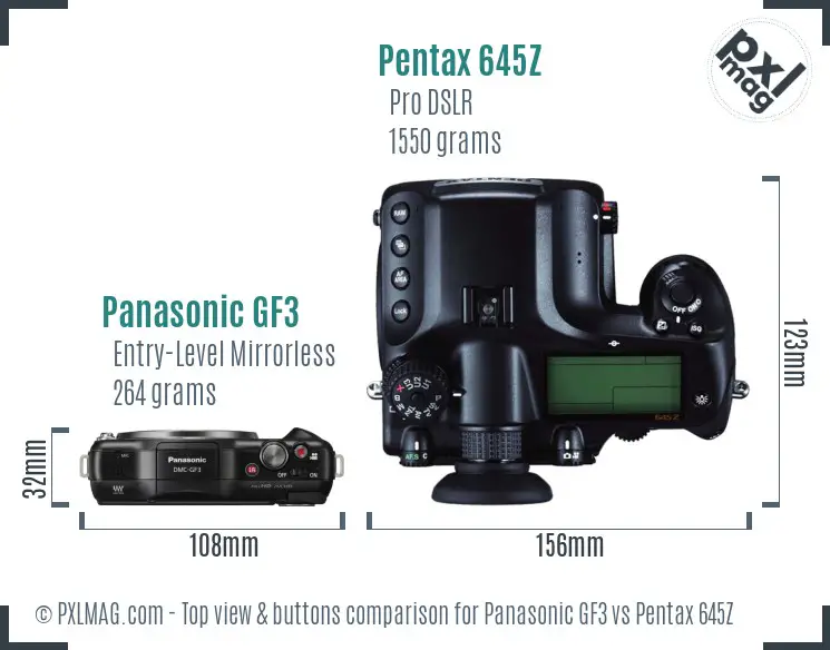 Panasonic GF3 vs Pentax 645Z top view buttons comparison