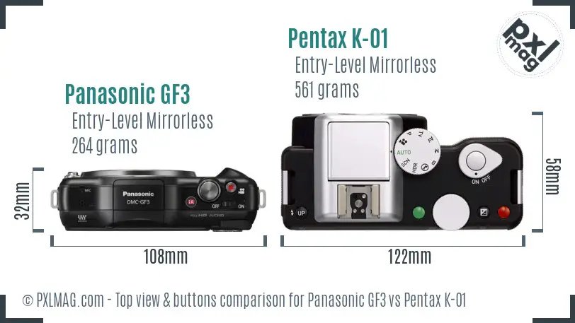 Panasonic GF3 vs Pentax K-01 top view buttons comparison