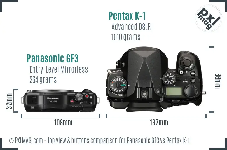 Panasonic GF3 vs Pentax K-1 top view buttons comparison