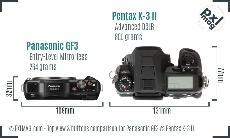 Panasonic GF3 vs Pentax K-3 II top view buttons comparison