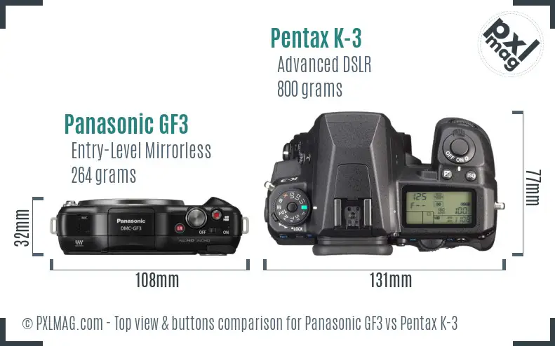 Panasonic GF3 vs Pentax K-3 top view buttons comparison