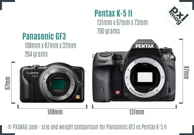 Panasonic GF3 vs Pentax K-5 II size comparison