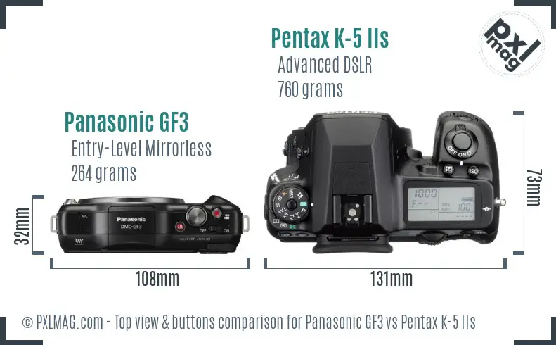 Panasonic GF3 vs Pentax K-5 IIs top view buttons comparison