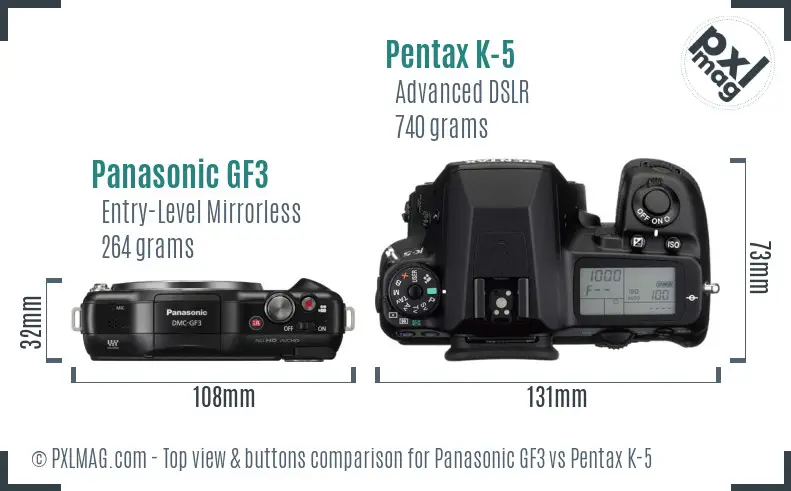 Panasonic GF3 vs Pentax K-5 top view buttons comparison