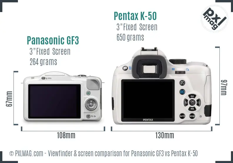 Panasonic GF3 vs Pentax K-50 Screen and Viewfinder comparison