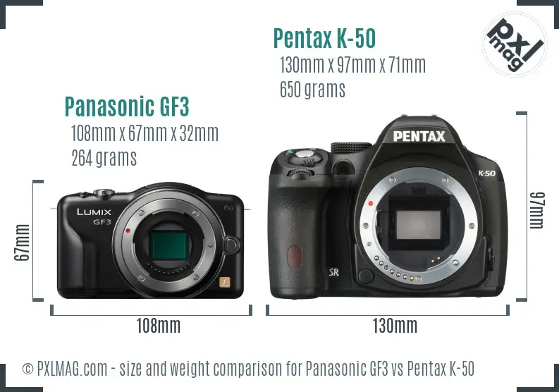 Panasonic GF3 vs Pentax K-50 size comparison