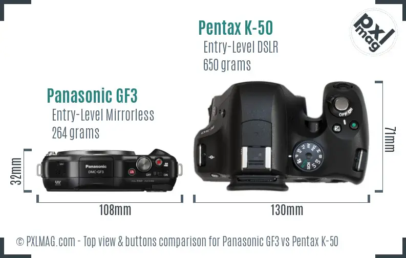 Panasonic GF3 vs Pentax K-50 top view buttons comparison