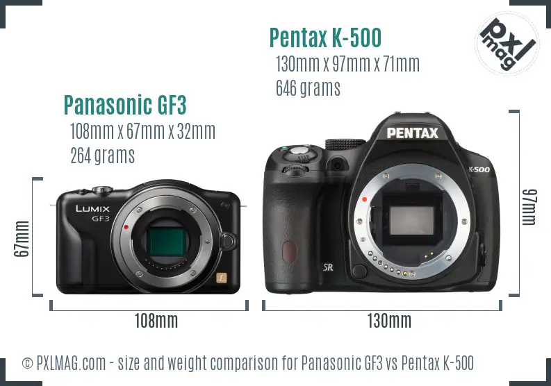 Panasonic GF3 vs Pentax K-500 size comparison