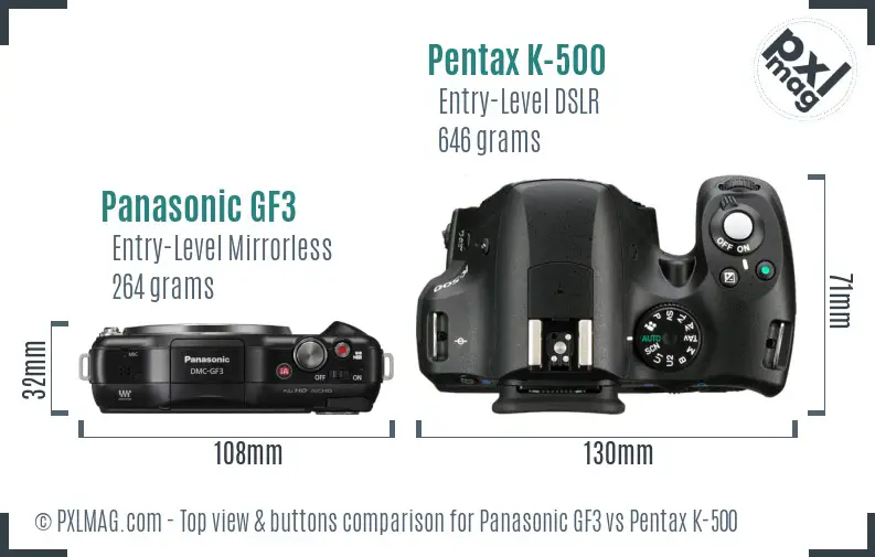 Panasonic GF3 vs Pentax K-500 top view buttons comparison
