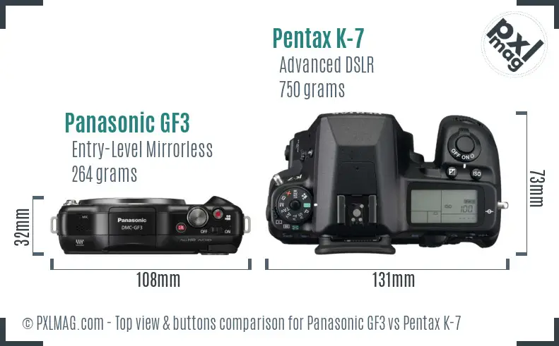Panasonic GF3 vs Pentax K-7 top view buttons comparison