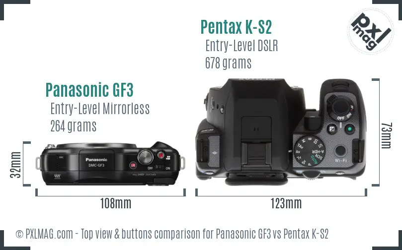 Panasonic GF3 vs Pentax K-S2 top view buttons comparison