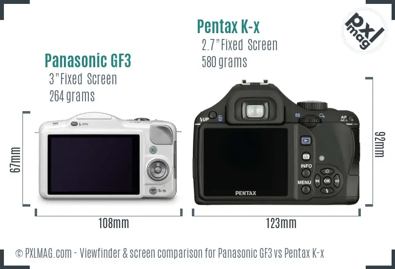 Panasonic GF3 vs Pentax K-x Screen and Viewfinder comparison
