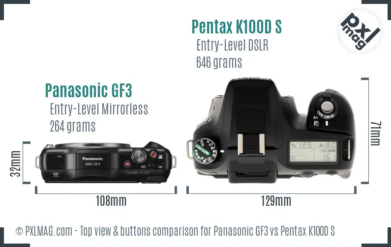Panasonic GF3 vs Pentax K100D S top view buttons comparison