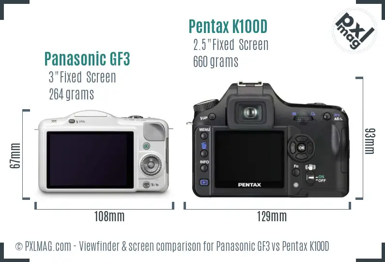 Panasonic GF3 vs Pentax K100D Screen and Viewfinder comparison