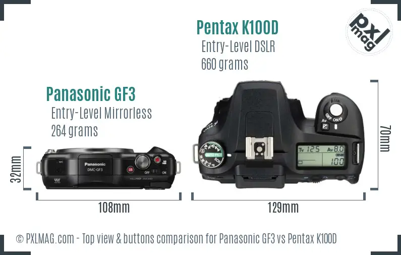 Panasonic GF3 vs Pentax K100D top view buttons comparison