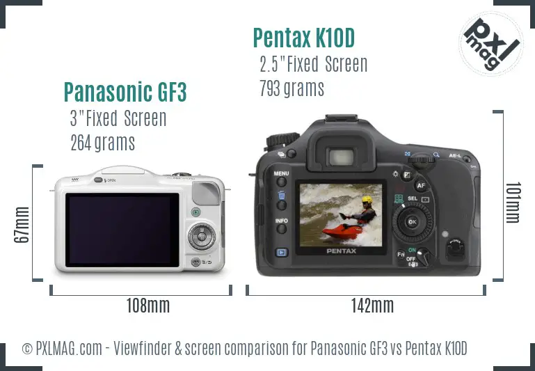 Panasonic GF3 vs Pentax K10D Screen and Viewfinder comparison