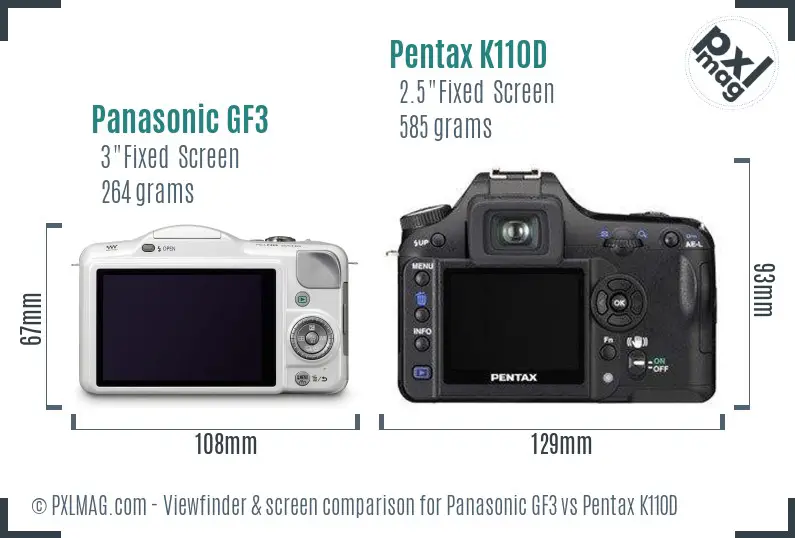 Panasonic GF3 vs Pentax K110D Screen and Viewfinder comparison