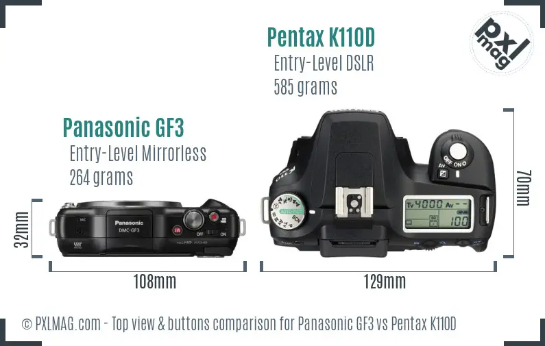Panasonic GF3 vs Pentax K110D top view buttons comparison