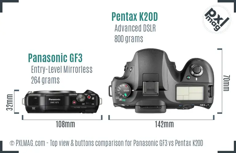 Panasonic GF3 vs Pentax K20D top view buttons comparison