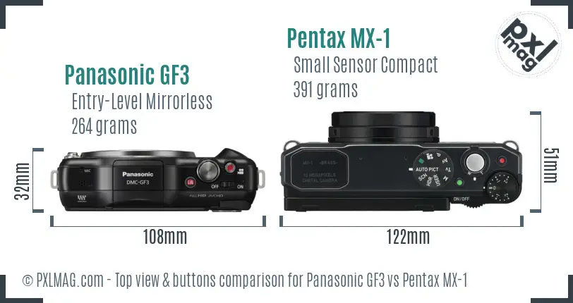Panasonic GF3 vs Pentax MX-1 top view buttons comparison