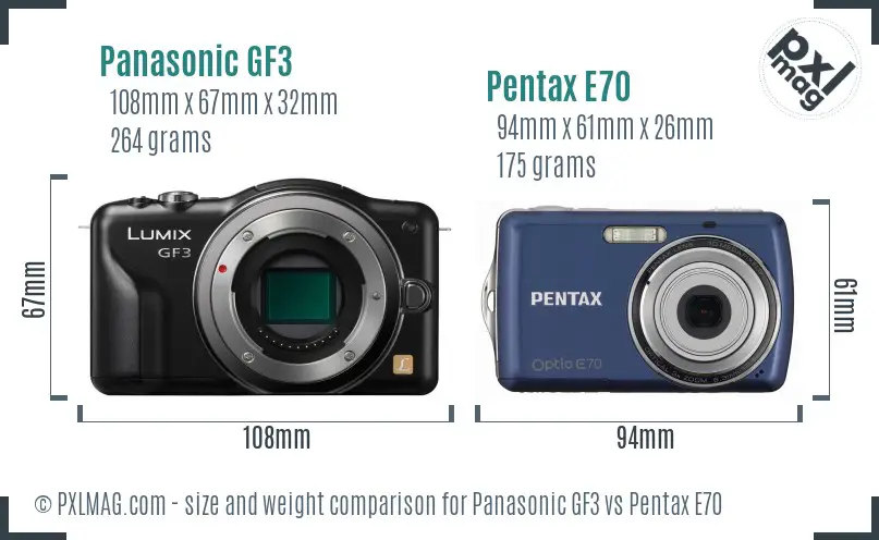 Panasonic GF3 vs Pentax E70 size comparison
