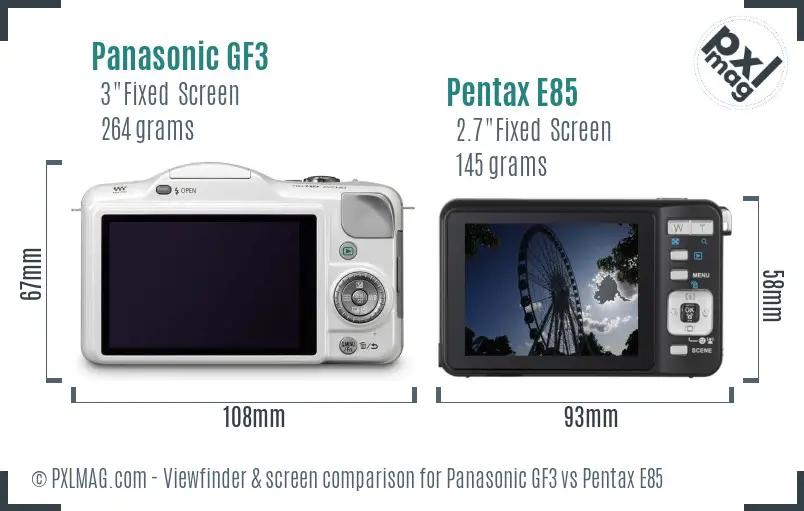 Panasonic GF3 vs Pentax E85 Screen and Viewfinder comparison