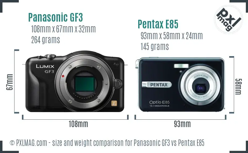 Panasonic GF3 vs Pentax E85 size comparison