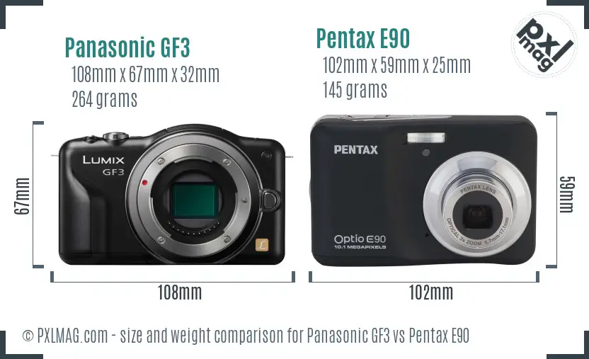 Panasonic GF3 vs Pentax E90 size comparison