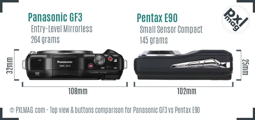 Panasonic GF3 vs Pentax E90 top view buttons comparison