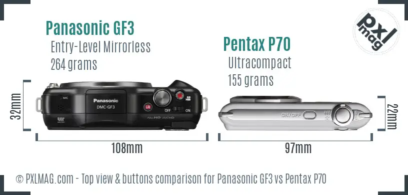 Panasonic GF3 vs Pentax P70 top view buttons comparison