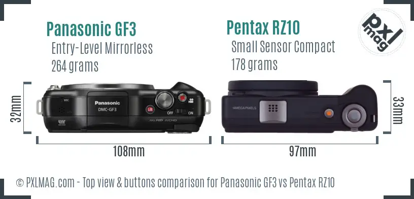 Panasonic GF3 vs Pentax RZ10 top view buttons comparison
