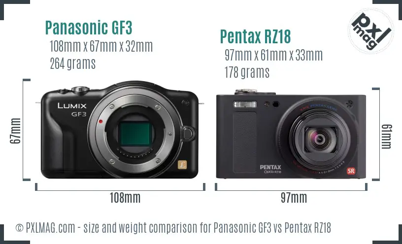 Panasonic GF3 vs Pentax RZ18 size comparison