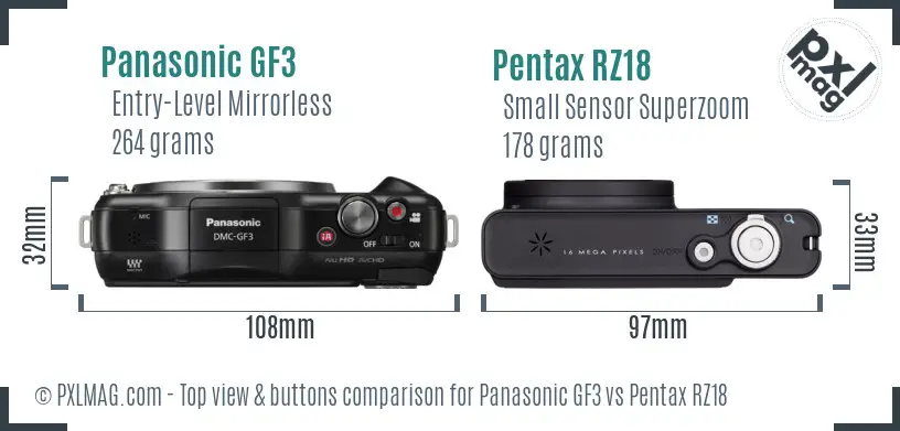 Panasonic GF3 vs Pentax RZ18 top view buttons comparison