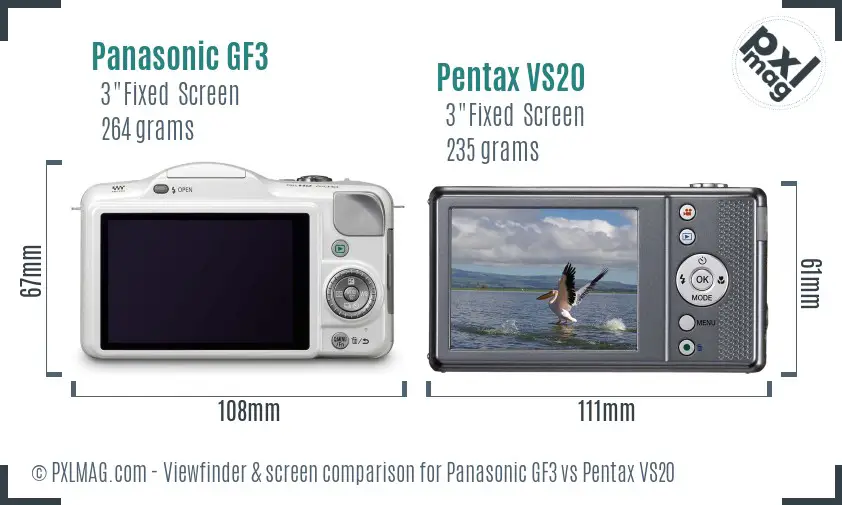 Panasonic GF3 vs Pentax VS20 Screen and Viewfinder comparison