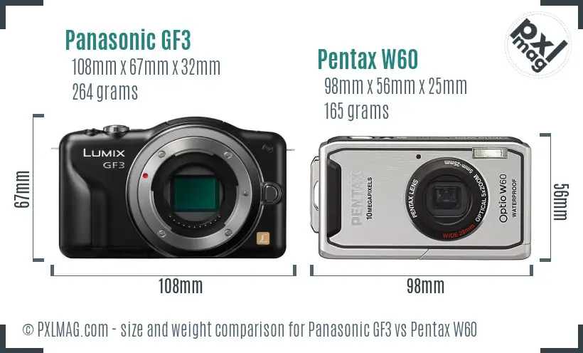 Panasonic GF3 vs Pentax W60 size comparison