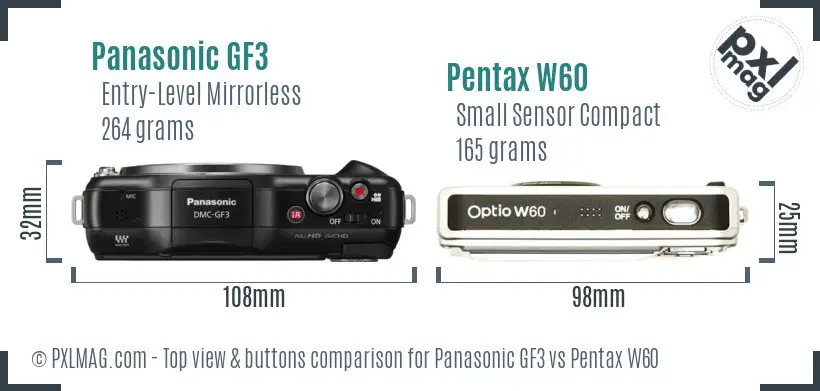 Panasonic GF3 vs Pentax W60 top view buttons comparison