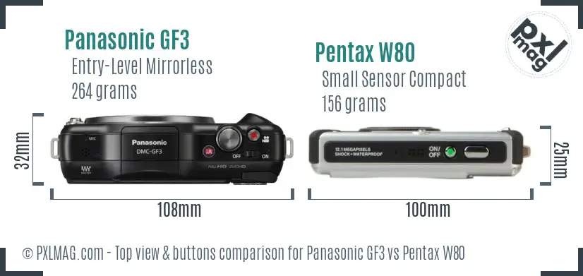 Panasonic GF3 vs Pentax W80 top view buttons comparison