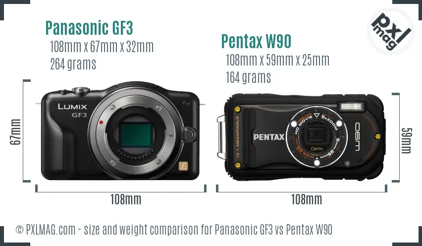 Panasonic GF3 vs Pentax W90 size comparison